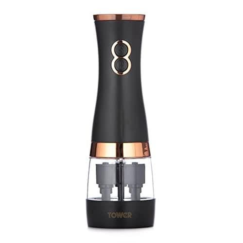 Image of Tower Electric Salt and Pepper Mills, Battery Operated with Adjustable Ceramic Grinders, Black and Rose Gold, T847004BLK