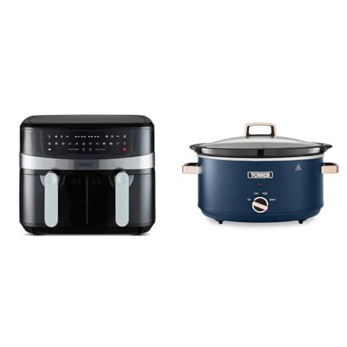 Image of Tower T17088 Vortx 9L Dual Basket Air Fryer with Smart Finish, 2600W, Black & T16043MNB Cavaletto 6.5 Litre Slow Cooker with 3 Heat Settings, Cool Touch Handles, Midnight Blue and Rose Gold