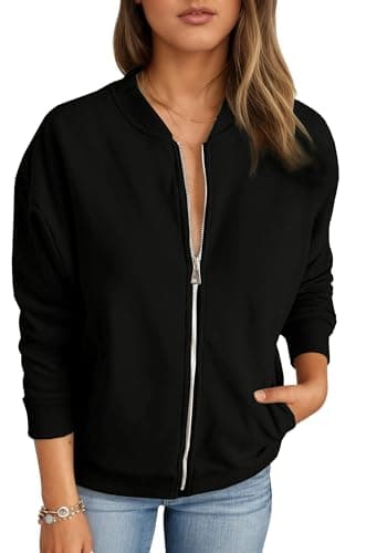 Image of Timuspo Black Jackets for Women UK Casual Trendy Bomber Jacket Long Sleeve Zip Up Sweatshirt Loose Comfy Outerwear with Pockets M