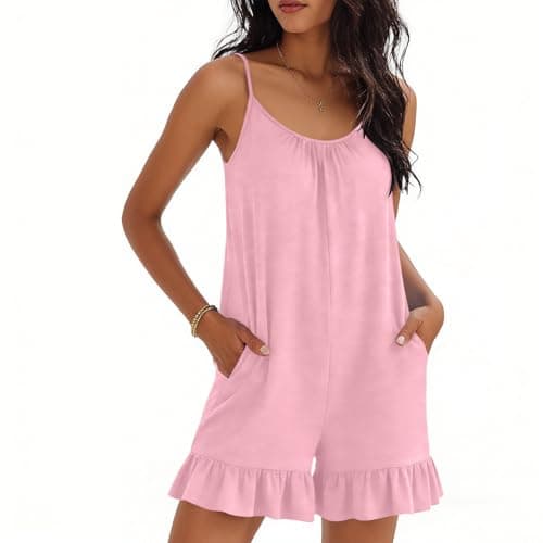 Image of Women’s Cami Jumpsuit, Summer Sleeveless One Piece Playsuit with Pockets, Round Neck Ruffle Hem Short Romper, Soft Stretch 95% Polyester 5% Spandex Casual Beach Holiday Outfit