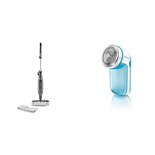 Image of Shark S6003UK Klik n' Flip Smartronic Deluxe Steam Mop, Bordeaux/Steel Grey & Philips GC026/00 Fabric Shaver, Blue