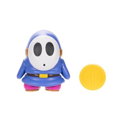 Image of Nintendo Super Mario 4-Inch Blue Shy Guy Poseable Figure with Coin Accessory. Ages 3+ (Officially licensed)