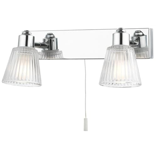 Image of Britalia Polished Chrome & Clear Ribbed Glass Bathroom Vintage 2 Lamp Switched Bar Wall Light | 28cm Wide | IP44 Rating | 2 x G9 Lamp Bulbs Required | 240V UK | Pull Cord Switch | Mirror Lighting