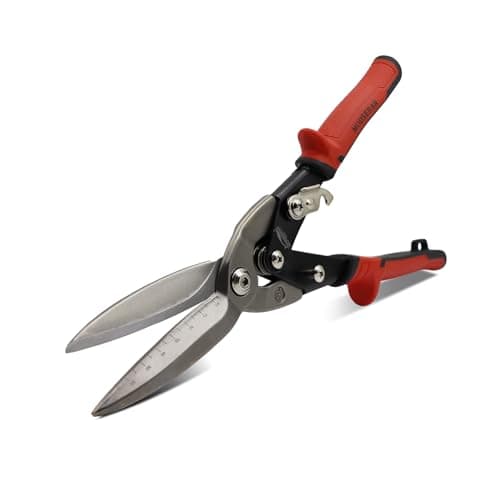 Image of HOUSERAN 12 Inch Aviation Snips, Heavy Duty Long Straight Cut Tin Snips for Metal Sheet, CR-MO Steel Scissors Shears with Double Lever,Scale Markings & Safety Lock for Cutting Aluminum/Plastic/Roofing