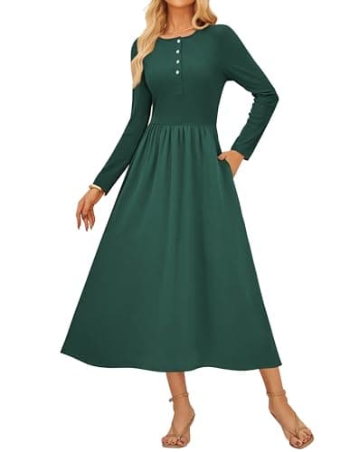 Image of GRACE KARIN A-Line Jumper Work Dresses for Women UK, Casual Long Sleeve Winter Dresses with Pockets Dark Green S