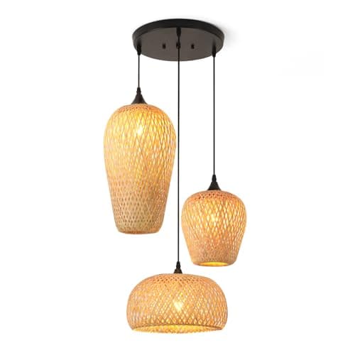 Image of Schindora Lamp Shade Bamboo 3-Light Lampshades for Ceiling Lights Boho Vintage Lamps E27 Hand Woven Pendant Light for Kitchen Bedroom Living Dining Room Restaurant