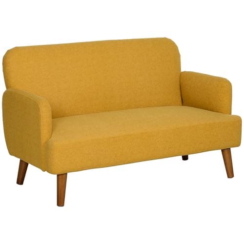 Image of HOMCOM 2 Seater Sofa, Small Sofa Couch with 21cm Thick Padding and Wood Legs, Modern Velvet Feel Fabric Loveseat for Living Room, Bedroom, Home Office, Yellow