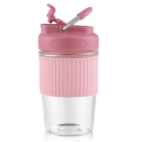 Image of Sivaphe Reusable Glass Coffee Cup | 16oz/450ml Leakproof Travel Mug with Portable Metal Handle,Pink| Borosilicate Glass,Eco-Friendly,BPA-Free|Camping,Gifts,Car Mug,School