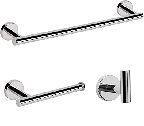 Image of YUET Chrome Bathroom Accessories Accessory Bars Set Hand Towel Holders Ring Rails For Bathrooms SUS 304 Stainless Steel Hardware Wall Mounted Rack, 12" Bath Bar + Toilet Paper Holder + Robe Hook