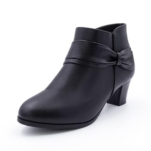 Image of Cushion Walk Women's EEE Extra Wide Fit Ankle Boots Booties, Low to Mid 5cm Block Heels, Faux Leather, Non-Slip Sole (Size 7 UK, Black)