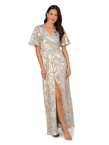Image of Adrianna Papell Women's Foil Leaf Draped Gown Special Occasion Dress, Light Blue/Gold, 8