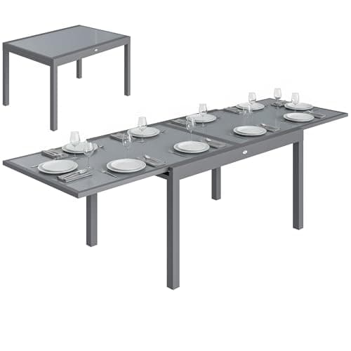 Image of Outsunny Extending Garden Table, Aluminium Outdoor Dining Table for 6-10 with Tempered Glass Top, All Weather Rectangular Garden Tables for Patio, Balcony, Terrace, 135/270 x 90 x 75 cm, Grey