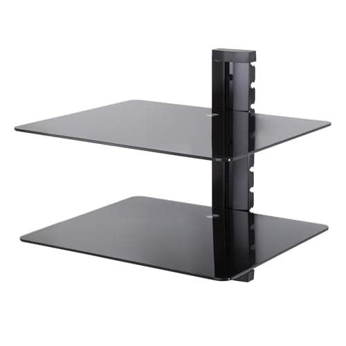 Image of AVF AV Accessory Shelf Black - Tempered Glass AV Shelves 38cm Wide x 28cm Deep Under TV Storage, Safety Glass, Black Cable Management (Two Shelf)