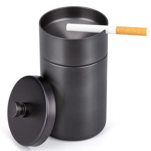 Image of HONZUEN Ashtray, Stainless Steel Ashtrays with Lids Windproof Rainproof Automatically Extinguished Ash Trays, Thickened Ashtray Outdoor for Cigarettes, Ash Holder for Smokers Garden Bar Car, Black