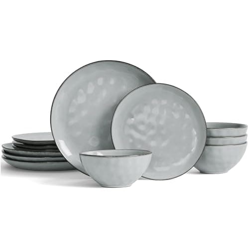 Image of Richmount Ocean 12 Piece Dinner Set, Stoneware 3D Wave Relief Irregularly Shaped Plates and Bowls Set, Reactive Glaze Dinnerware Sets for 4, Dishwasher & Microwave Safe, Stylish & Durable, Grey