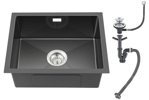 Image of ROVOGO 400 x 500 mm Black Undermount Kitchen Sink with Basket Strainer Waste and Overflow Kit, Handmade Stainless Steel Kitchen Sink, 1 Bowl Rectangular
