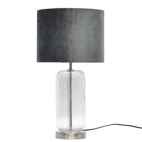 Image of firstchoicelighting Ribbed Glass Brushed Chrome Table Lamp or Bedside Light, Cear Glass with Grey Velvet Shade, Height 49cm.