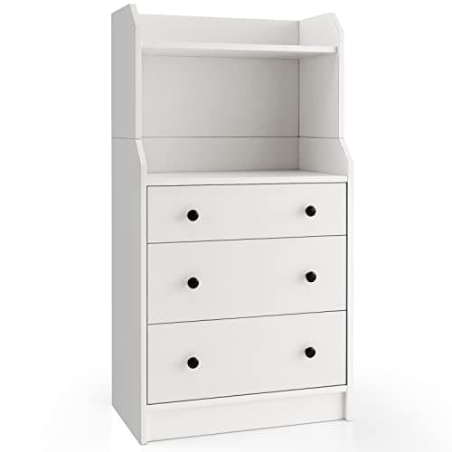 Image of COSTWAY Wooden Chest of Drawers, 3-Drawer Dresser with Shelves & Anti-Tipping Device, Freestanding Storage Cabinet Chest Cupboard Organiser Unit for Bedroom, Living Room, Closet and Hallway (White)