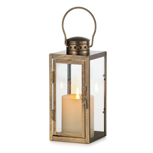 Image of NUPTIO Vintage Lanterns Gold Distressed: 24cm Tall Decorative Hanging Farmhouse Metal Lantern Indoor Decor with Glass - Candle Holder for Halloween Home Mantle Living Room Patio