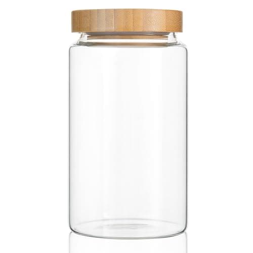 Image of INCETUE 1200ML/42Oz Clear Glass Storage Canister with Airtight Bamboo Lid, Cute Decorative Food Container Jar for Coffee, Spice, Sugar, Salad, Flour, Pepper, Candy, Cookie, Overnight Oats - Large