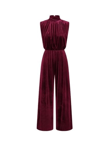 Image of CIDER Velvet High Neck Ruched Zipper Wide Leg Jumpsuit: Burgundy, L