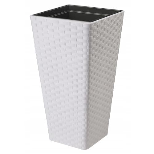 Image of B2C Square Tall Plant Pot Elegant Large Flower Indoor Outdoor Garden Planters Rattan Look Pattern Home Patio Plastic 2 Sizes (White, H 57cm x D 30cm)