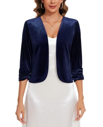 Image of MINTLIMIT Women's Velvet Open Front 3/4 Sleeve Front Lined Burgundy Blazer Cardigans Jackets Day to Night Coat for School Dances (Navy M)
