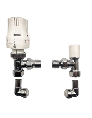 Image of Greened House White Thermostatic Radiator Valve Towel Rail Valve 1/2" / With 90 Degree Push Fit Connector/Reducer (15mm to 15mm Angled Push Fit)