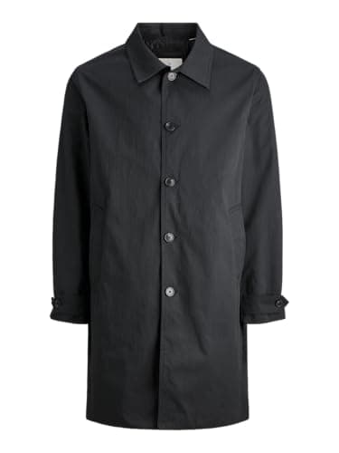 Image of JACK & JONES Mens Collared Coat, Full Button Front, Chest & Inside Pockets, Long Sleeve Jacket, Black Colour, UK Size - XL