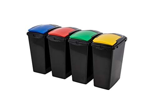 Image of Addis Recycling 40 Litre Set of 4 Waste Utility Plastic Bins Interlocking Clips, Lift, Yellow & Green, Black Colour Coded Lids Red, Blue, Yellow, Green, 4 x 40