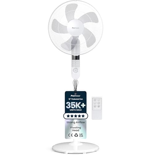 Image of Pro Breeze® 16-Inch Pedestal Fan with Remote Control and LED Display, 4 Operational Modes, 80° Oscillation, Adjustable Height & Pivoting Fan Head, Perfect for Homes, Offices and Bedrooms - White