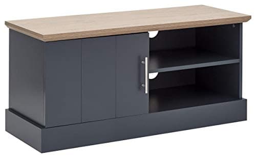 Image of GFW Kendal Oak Small Unit with Display Shelves & Storage, Wooden Entertainment Stand Cabinet with Rear Cable Entry for Max 43 Inch TV, Slate Blue, H-48cm x W-100cm x D-39cm