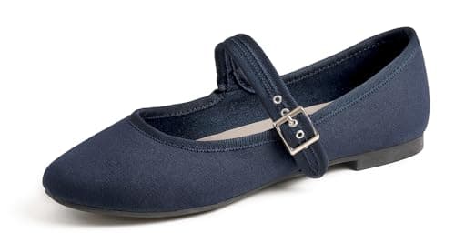 Image of Feversole Women's Soft Breathable Mary Jane Memory Foam Cushioned Comfort Round Toe Metal Buckle Flats Walking Shoes Navy Canvas Size UK 6