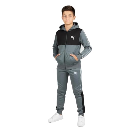 Image of SKT Boys Tracksuit Hooded Hoodie Bottom Jogging Suit Joggers Kids Age 7-13 Years (Steel/Black, 9-10 Years)