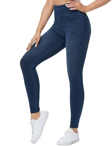 Image of THE GYM PEOPLE Women's Stretchy High Waisted Skinny Jeans Ladies Tummy Control Jeggings Leggings with Pockets,Dark Blue,L
