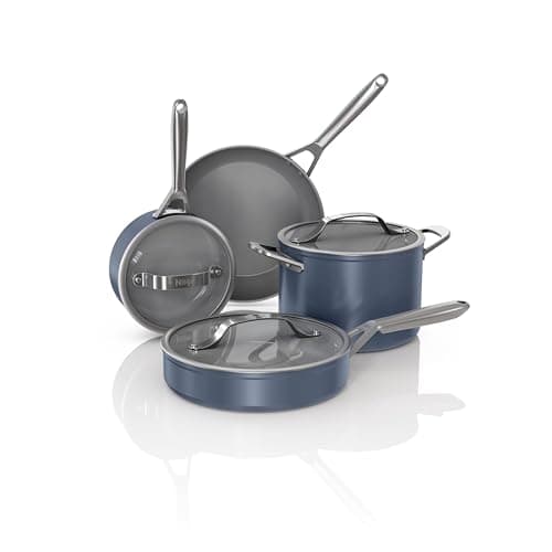 Image of Ninja NeverStick Ceramic Pro 7-Piece Cookware Set, Non-Stick Pots, Pans, Glass Lids, Ceramic Coated, Stainless Steel, Stove to Oven Safe, All Stovetops & Induction Compatible, Midnight Blue, CW39007MM