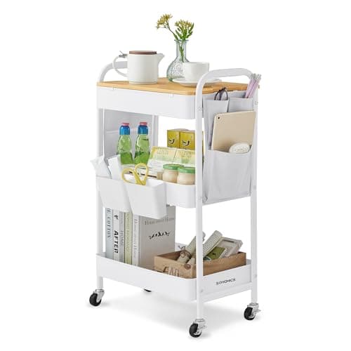 Image of SONGMICS 3-Tier Storage Trolley, Rolling Cart with Table Top, 2 Removable Hanging Cups, 6 Side Pockets, Utility Cart for Living Room, Office, Kitchen, Bathroom, Cloud White LRC036W01