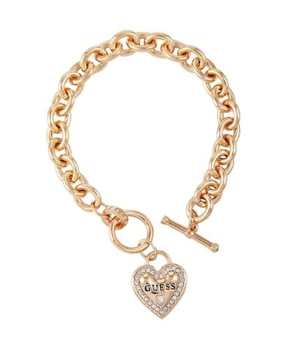 Image of GUESS Goldtone Dangle Logo Heart Charm Chain Toggle Bracelet, One Size, Metal, no gemstone