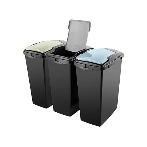 Image of Addis Recycling 40 litre waste kitchen plastic bins, Set of 3, modular system with lift lids, Black with delicate Sage Green, Air Blue and Soft Grey
