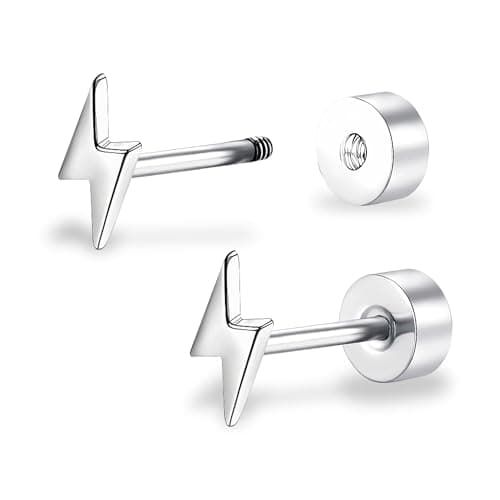 Image of ZDE Titanium Women Flatback Earrings Celestial Lightning Bolt Stud Earrings 5mm Flat Back CZ Earrings Hypoallergenic Cartilage Flatback Earring Tragus Helix Tragus Conch Piercing (Silver)