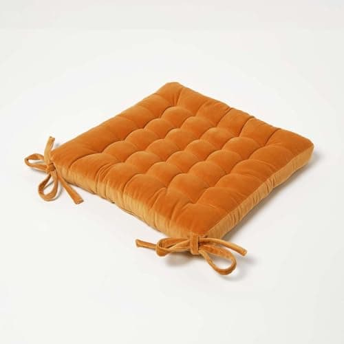 Image of HOMESCAPES Burnt Orange Velvet Seat Pad for Dining Chair 40 x 40 cm Super Soft 100% Cotton Quilted Velvet Chair Pad with Straps Indoor & Outdoor Garden Use for Lasting Comfort & Support