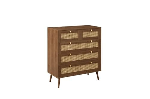 Image of Uniquewise Furniture CROXLEY 5 Drawer Rattan Chest – Oak/Walnut/Black Bedroom Chest of Drawers with Natural Rattan Detail, Gold Handles & Spacious Storage (WALNUT)