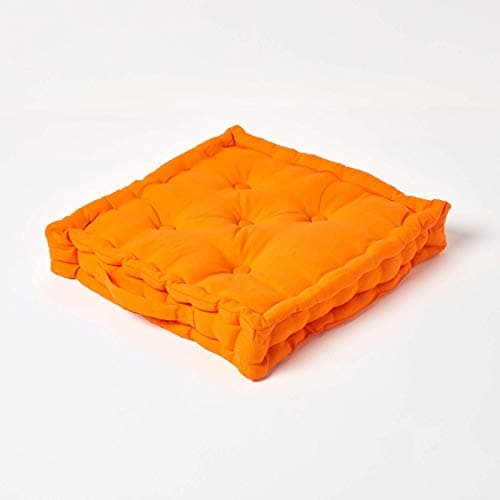 Image of HOMESCAPES Luxury Floor Cushion Plain 100% Cotton Orange 40 x 40 x 8cm, Booster Cushion Seat Chair Pad Dining Thick & Plush Garden Floor Pillow for Kids Elderly Pets Indoor Outdoor Use