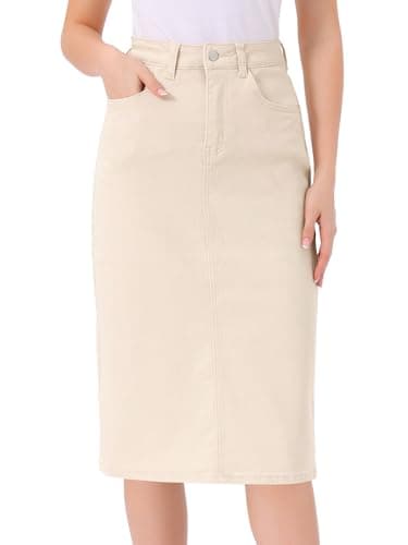 Image of Allegra K Casual Denim Skirt for Women's High Waist Stretchy Midi Jean Skirts Light Apricot L