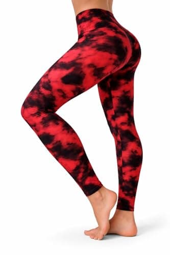 Image of High Waist Womens Leggings - 4 Way Stretch Yoga Pants Workout Leggings - Ankle Length Jeggings for Women(L-XL, Black Red Tie Dye)