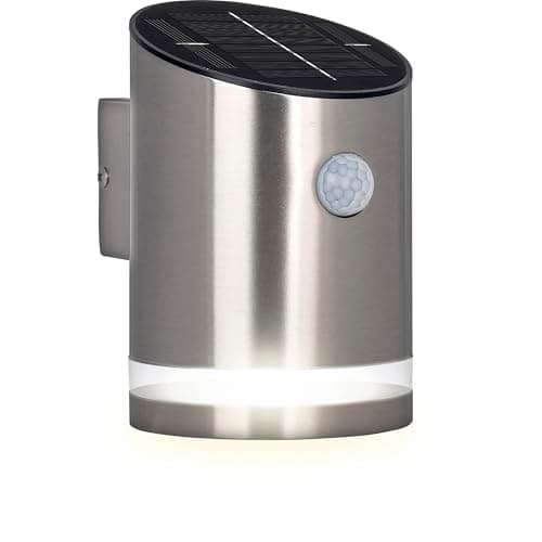 Image of Luceco Solar LED Outdoor Wall Light with PIR Motion Sensor, Security Porch Light, Solar Powered Lantern, Decorative Exterior Lighting, Guardian, Stainless Steel, IP44, 4W, 100lm, 4000K, LEXDSL1S40P