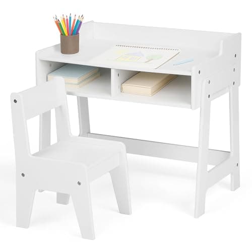 Image of Bonnlo Toddlers Table and Chair Set, Wooden Children Study Table with Storage Space, Toddler Activity Furniture for Learning Drawing, 60.5x41.5x50cm, White(Ages 2-6 Years)