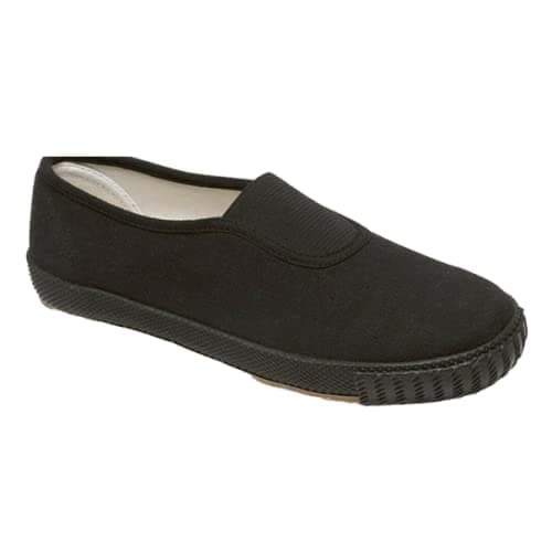 Image of Kids Adult Boys Girls Black Slip On Pumps Plimsolls Game Gym Sport Unisex Shoes (UK Kid Size 2, Black Slip On)