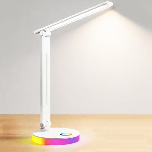 Image of sakruda LED Desk Lamp,Eye-Caring Touch Control Table Lamp W/USB Charging Port,Stepless Dimmable Beside Reading Light,Foldable Desk Lamp W/Colored Night Light for Work,Kids Study,Home,Bedroom,White