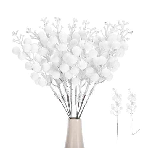 Image of sourcing map 15Pcs Christmas Glitter Berries Stems, 9 Inch Artificial Berry Picks for Christmas Tree Ornaments Holiday Wedding DIY Wreath Crafts Decoration(Pure White)